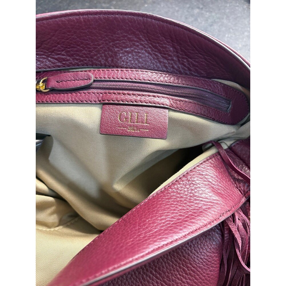 Burgundy Genuine Leather GILI Fringe Slouchy Hobo - Picture 6 of 10